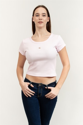 A- Woven Label 2x2 Rib Baby Tee Kadın Bisiklet Yaka T-shirt Pembe