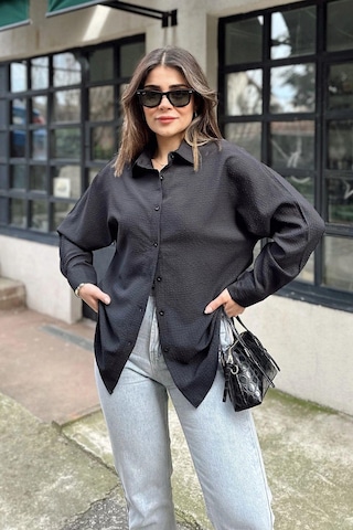 WeShaya Kadın Siyah Basic Model, Gofre Kumaş, Salaş Gömlek Siyah
