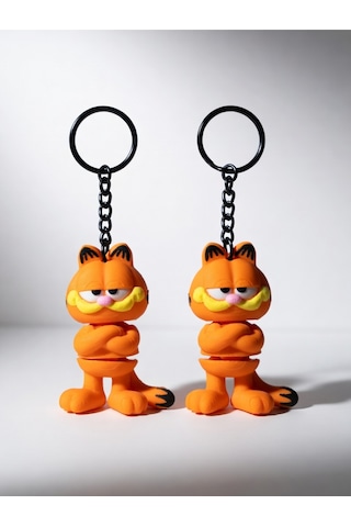 2 Adet Klasik Garfield Kedi Anahtarlığı 3d Esnek - Siyah Zincirli Turuncu