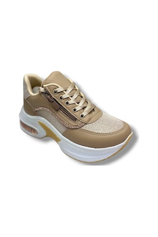 Modalendo 1511-26 Cilt Deri Simli Şeritli Anatomik Bağcıklı Kadın Sneaker Bej Beyaz