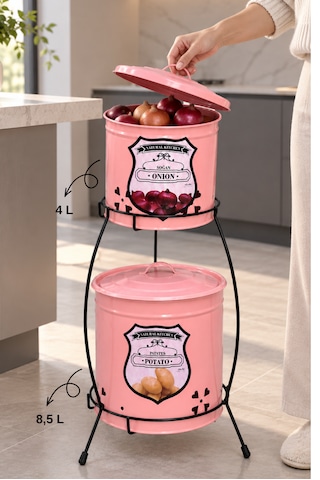 2 Katlı Pembe Metal Patates Soğanlık Kovası Çeyizlik Sebzelik Saklama Kabı - Pembe