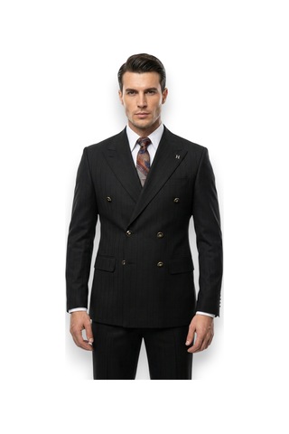Hermose Prestige Onyx Siyah Çizgili Metal Düğmeli Kruvaze Takım Elbise