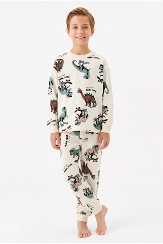 Bunny Hopp Erkek Çocuk Uzun Kollu Pijama Takımı %100 Pamuk Ekru Dinamik Dinozor Desenli Penye