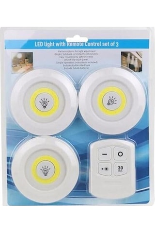 Kumandalı 3 Lü Spot Led Lamba Kablosuz Pilli Işıldak Mutfak Rafı Işığı Dolap Işığı Beyaz