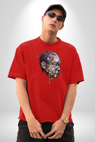 İnsan Kafası Sulu Boya Pamuklu Bisiklet Yaka Unisex Oversize Boyfriend Dijital Baskılı Kırmızı T-shirt Kırmızı