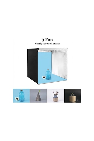 Pro 80x80 Cm Profesyonel Stüdyo Led Işıklı Ürün Fotoğraf Çekim Çadırı 3 Fonlu Büyük Boy Stüdyo Seti Çok Renkli
