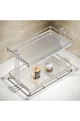 Hafif Lüks Banyo Banyo Rafı Masaüstü Lavabo Kozmetik Kutusu Tuvalet Tuvalet Tezgahı Depolama Rafı 3 Boncuk Çift Katmanlı Küçük Akrilik Raf Gümüş