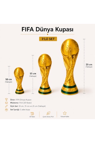 3'lü Fıfa Dünya Kupası Kupa Seti 10 Cm - 15 Cm - 25 Cm 3d Baskı Dekoratif Kupa Hediyelik Altın
