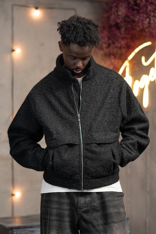 Oversize Crop Model Yan Cepli Astarlı Kırçıllı Mont Siyah