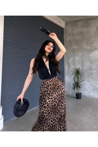 Green'dal Leopar Desenli Maxi Etek İç Göstermez Ve Şık Kahve Leopar