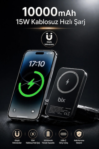 Exenar - Siyah - İphone İle Uyumlu Magsafe Powerbank Kablosuz 15w Hızlı Şarj 20w Usb-c Hızlı Şarj Qi