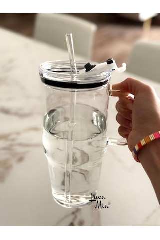 Porsima Mia Lm-0003 Laletta Mika Kapaklı Cam Pipetli Cam Termos Bardak 1200 Ml Şeffaf