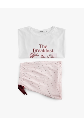 Koton Pamuklu Bisiklet Yaka Kısa Kollu Rahat Kesim Baskılı Pijama Takımı Pembe Desenli 6slk40185mk
