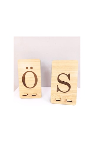 2 Adet Ahşap Desenli Mdf Harfli Telefon Tutucu