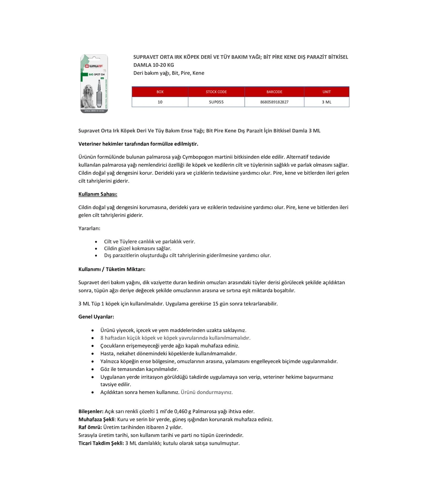 Supravet Orta Irk Köpek Deri ve Tüy Bakım Ense Yağı Bit Pire Kene Dış Parazit Bitkisel Damla 10-20 KG 3 ML