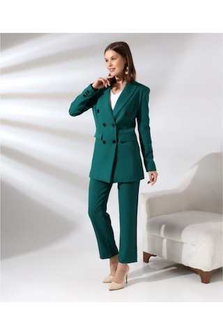 Kadın Kruvaze Blazer Ceket Pamuklu Atlak Kumaş Pantolon Takım Elbise Koyu Yeşil Koyu Yeşil