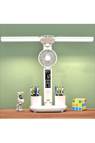 Fanlı Çok Fonksiyonlu 3 Renk Masa Üstü Led Işık Masa Saati Kalemlik Termometre Amber - Beyaz - Mavi