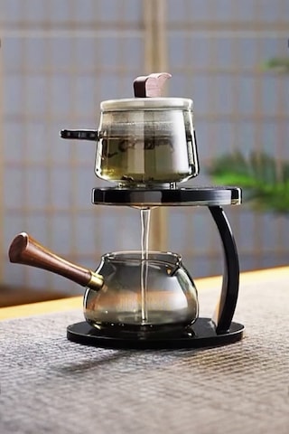Borosilikat Cam Demlik Seti Zen Çaydanlık Döndür Akıt Sistemi Sihirli Bitki Çayı Demliği Antrasit