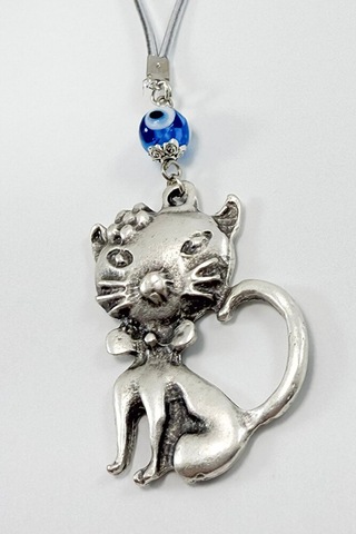 El Yapımı Lacivert Cam Nazar Boncuğu Metal Kedi Dikiz Ayna Süsü /