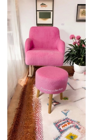 Sallanan Ahşap Ayaklı , Pembe. Rengi Berjer Koltuk - Puf Hediyeli Pembe