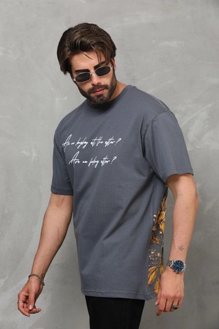 Novalisse Erkek Kısa Kol Yazlık Tişört Bisiklet Yaka Baskılı Oversize T-shirt - Füme Çoklu Renk