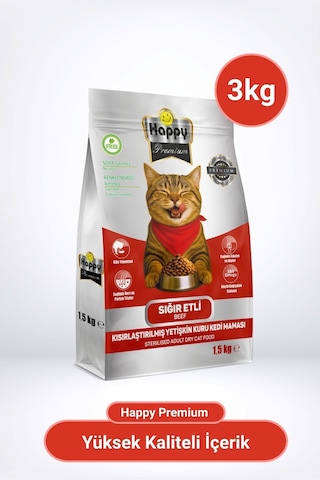 Happy Kısırlaştırılmış Sığır Etli Kuru Kedi Maması 3 KG
