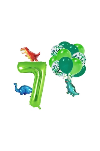 7 Yaş Dinazor Set Rakam Folyo, 3 Adet Mini Dinazor Ve 10 Lu Balon