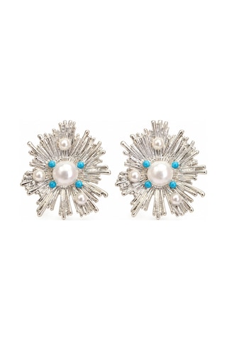 Pearl Collection Nerina İnci Ve Turkuaz Taş Detaylı Silver Güneş Formlu Çelik Kadın Küpe Gümüş Gümüş
