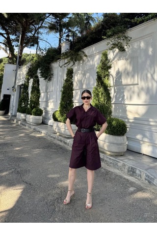 Yakalı Gömlek Kemerli Şortlu Takım - Bordo Bordo