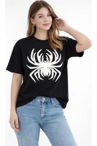 Alyn Wear Örümcek Baskılı Tişört Kısa Kollu Bisiklet Yaka T-shirt - Siyah