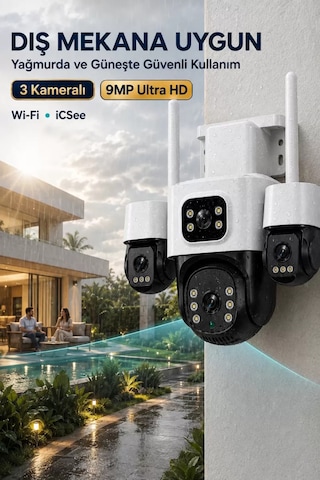 İcsee 9001 9mp 3 Lens Wifi Güvenlik Kamerası, Motorlu Gece Görüşlü Dış Mekan Kamera, 32gb Kart Ve Adaptör