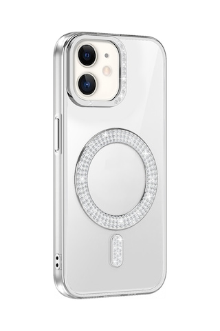 Apple Uyumlu iPhone 11 Kılıf Pırlanta Taş Tasarımlı M-safe Şarj Özellikli Zore Karetta Silikon Kapak Gümüş