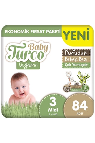 Baby Turco Doğadan Ekonomik Fırsat Paketi Pofuduk Bebek Bezi 3 Numara Midi 84 Adet 2'li Set