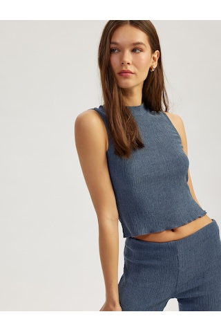 Koton Slim Fit Bisiklet Yaka Kolsuz Bürümcük Crop Üst Mavi 5sal30002ık Mavi