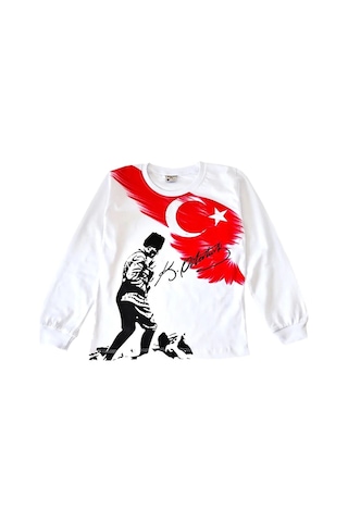 Kidsmadamiko Erkek Uzun Kollu Atatürk Kocatepe Baskılı Tişört Beyaz