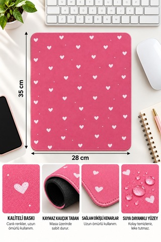 Kalp Tasarımlı Mousepad 28x35 Cm Kaymaz Tabanlı Dikişli Kenar Ofis Ve Masaüstü