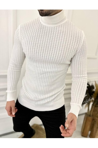 Kazak Slim Fit Tüylenmez Naturel Pamuk Triko Boğazlı Balıkçı Yaka Kazak Beyaz