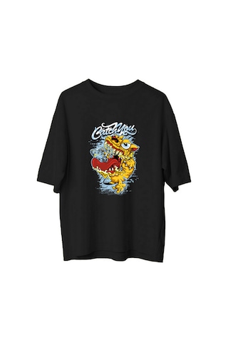 Paybuy Erkek Oversize Tişört %100 Pamuk Baskılı Vintage Canavar Tasarımı Siyah