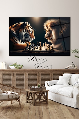 Aslan Ve Kaplan Satranç Cam Tablo Modern Ev Ofis Salon Hediyelik Büyük Tablo Duvar Dekoru