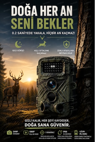 Nvg Fotokapan 24MP 1080P Full HD Gece Görüşlü 3 Sensörlü IP66 Su Geçirmez Hızlı Tetikleme 120° Geniş Algılama Açısı