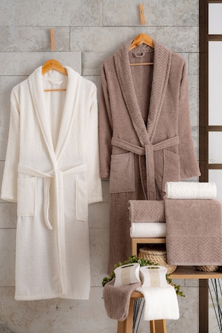 Oznhome Krem-kahve Çift Kişilik 6 Parça Bornoz Seti Kahve-krem