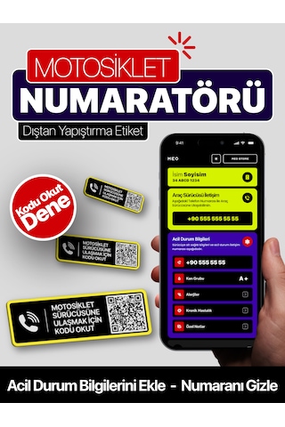 2'li Paket - Motosiklet Numaratörü - Dıştan Yapıştırma - Qr Kodlu Numaratör Yatay Etiket Sarı Siyah