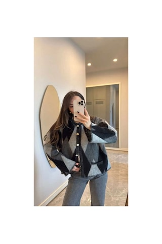Flex Fashıon Kadın Popüler Oversize Cepsiz Tüylü Baklava Desenli Trend Hırka Gri - 671847464 Gri - 671847464 Gri