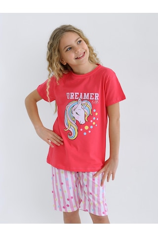 Kız Çocuk Kısa Kollu Kapri %100 Pamuklu Pijama Takımı Dreamer Girl Fuşya