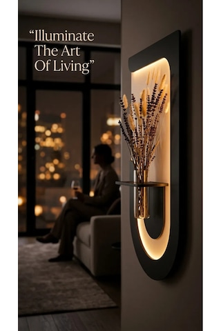 Akasya Ahşap Pilli Ledli İskandinav Tarzı Salon Duvar Rafı Modern Çiçeklik 40 X 75 Cm Parisgrisi - Antrasit