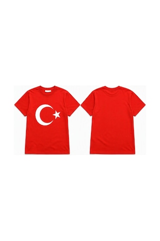 Alglıfe Unısex Çocuk Ay Yıldız Bayraklı Kısa Kol Tişört Kırmızı