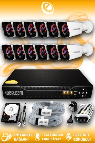 Elitcam 12 Kameralı Kare 12 Dış Kamera Set 1 TB HDD Full HD Gece Görüşlü Güvenlik Kamerası Sistemi
