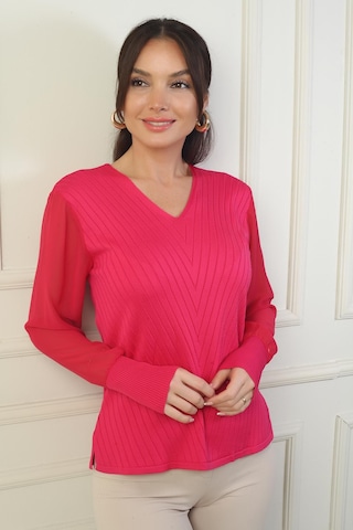 By Saygı Kadın Kolları Şifon V Yaka Kazak-39605 Fuşya