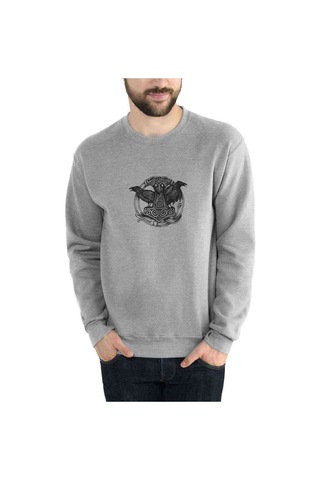 Viking Mitolojisi Odin Raven Baskılı Gri Erkek Örme Sweatshirt
