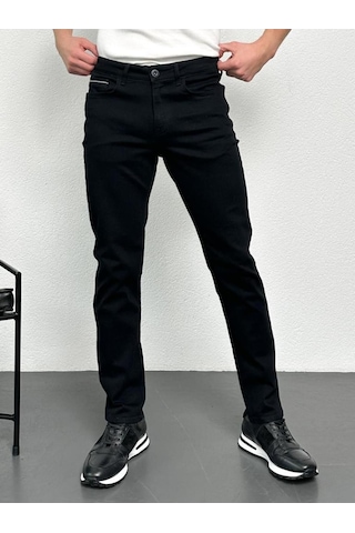 Siyah Şeritli Erkek Model Regular Fit Rahat Kesim Esnek Likralı Denim Jeans Kot Pantolon 001